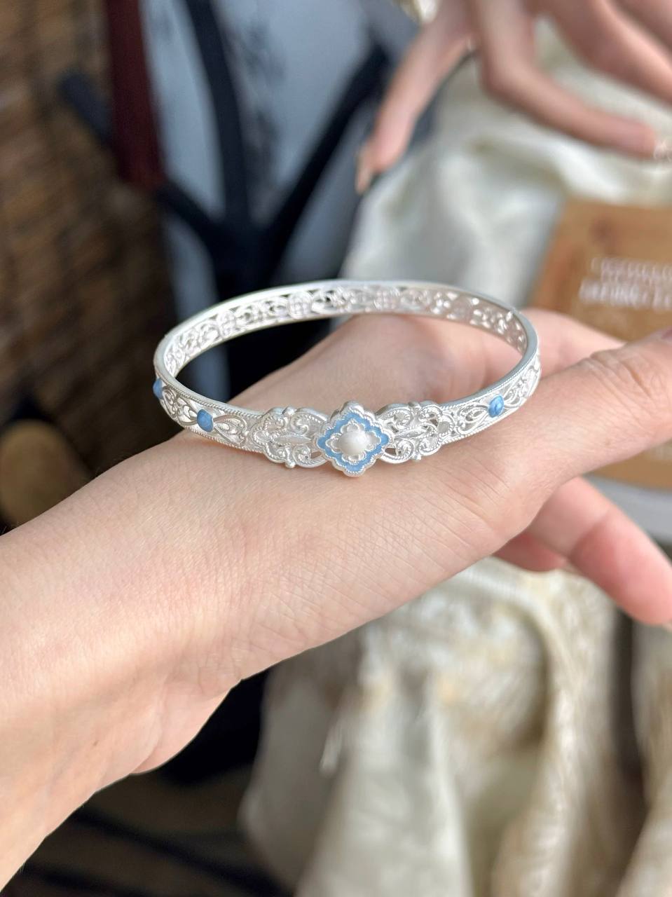 “Moonlight” Sterling Silver 999.9 Enamel Bangle – New Chinese Style Elegant Solid Bracelet for Women