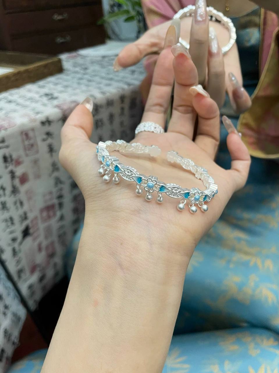 “Qingdai” Blue Jacaranda Sterling Silver 999.9 Bangle – New Chinese Style Enamel Silver Bracelet for Women