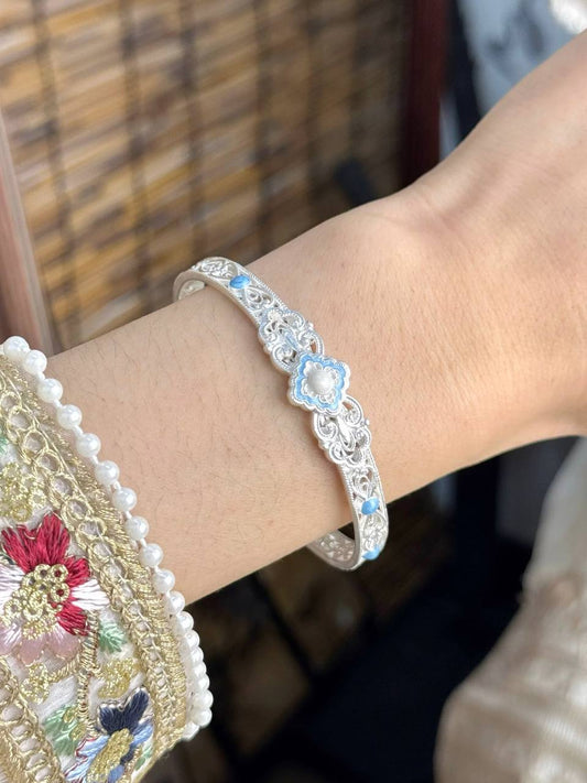 “Moonlight” Sterling Silver 999.9 Enamel Bangle – New Chinese Style Elegant Solid Bracelet for Women