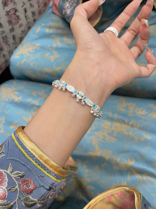 “Qingdai” Blue Jacaranda Sterling Silver 999.9 Bangle – New Chinese Style Enamel Silver Bracelet for Women