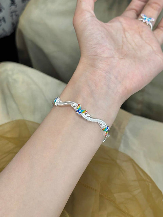 “Butterflies in Bloom” Sterling Silver 999.9 Blue Enamel Bangle – Elegant New Chinese Style Bracelet for Women